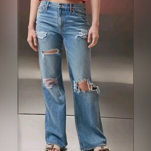 American Eagle Women’s Blue Pride Low Rise Baggy Flare Distressed Jeans Size 14